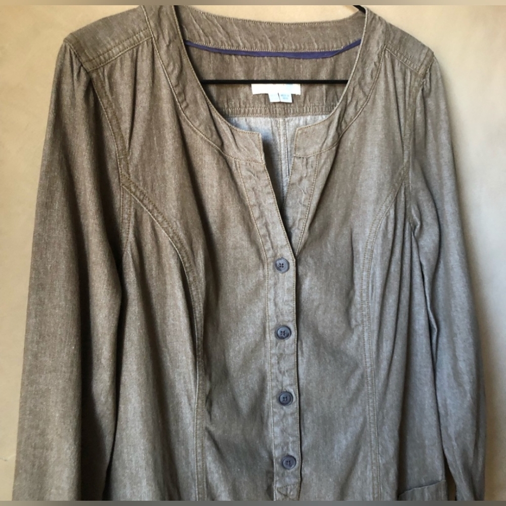 EUC Boden olive/brown long-sleeve denim shift dress w/button front - Picture 4 of 8